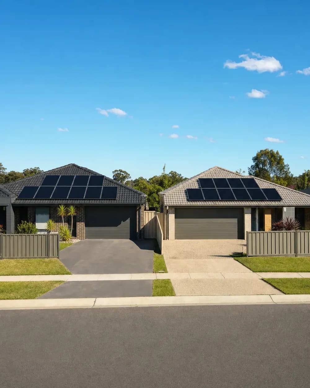 Two neighbouring Western Sydney homes, both with black solar arrays on their roofs, seen from the street