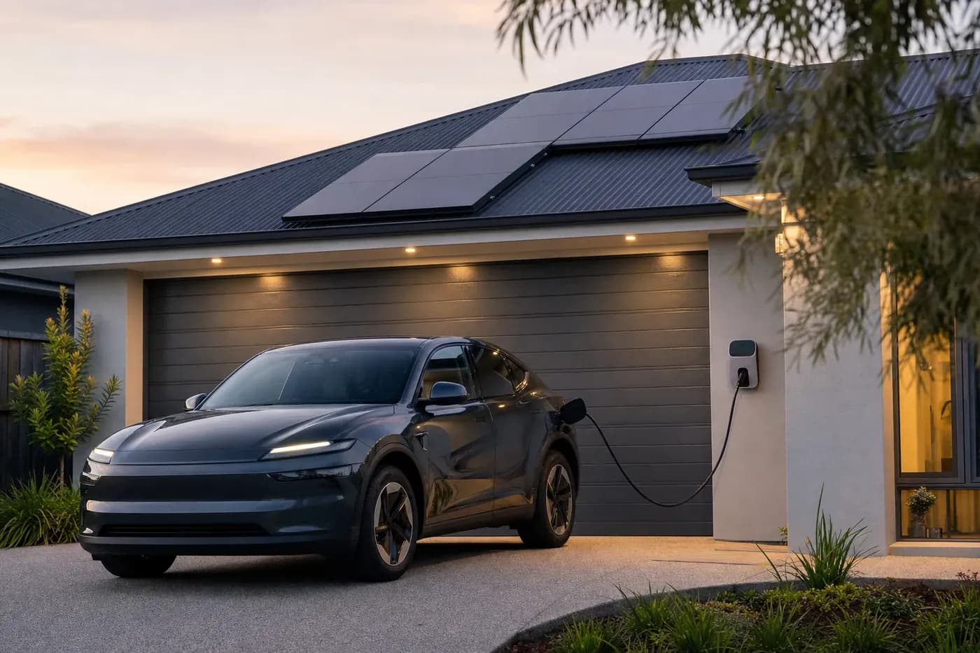 An electric car parked in a driveway, plugged into a wall-mounted charger on the garage wall of a home with solar panels on its roof