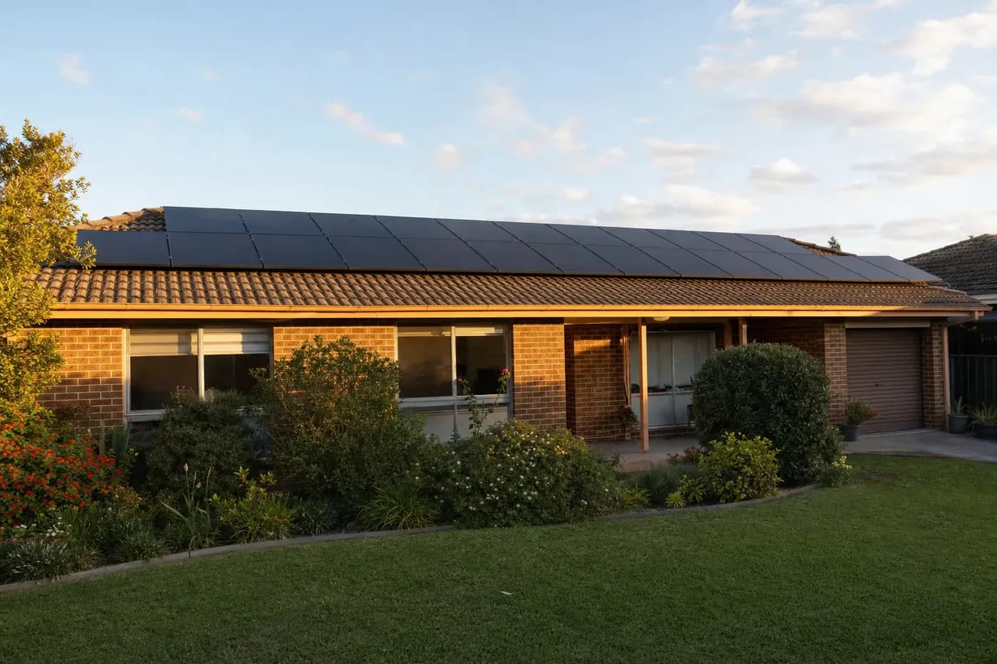 A finished solar array across the roof of a single-storey brick and tile Western Sydney home, seen from the front garden in the late afternoon
