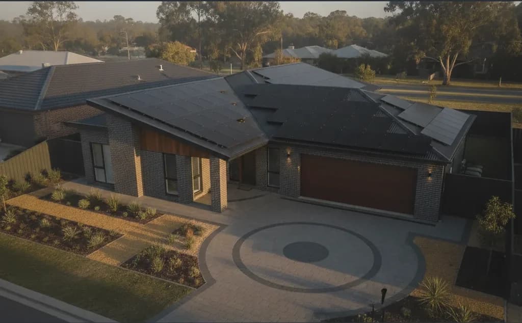 A modern single-storey home at dusk with solar panels across its roof and warm light in the windows