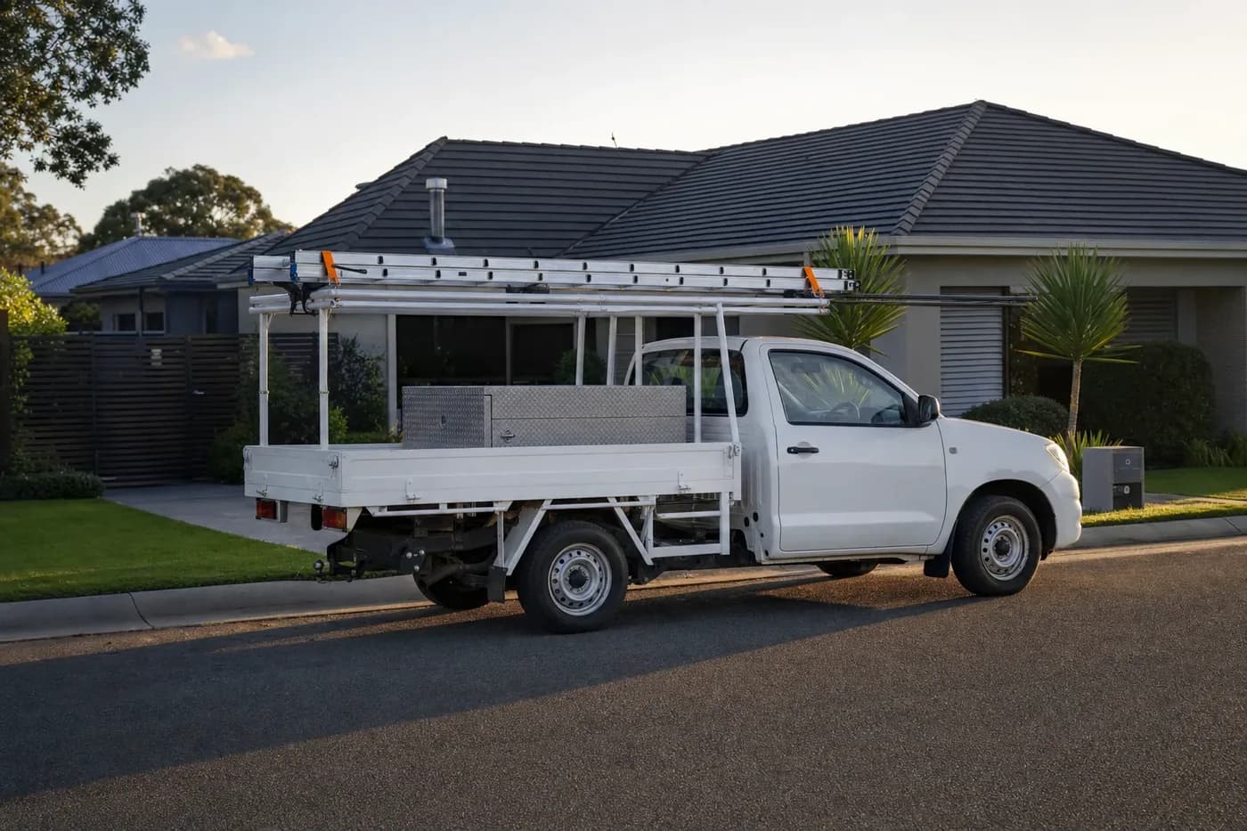 A white tray-back work ute parked at the kerb outside a suburban home, an extension ladder strapped flat to the roof racks