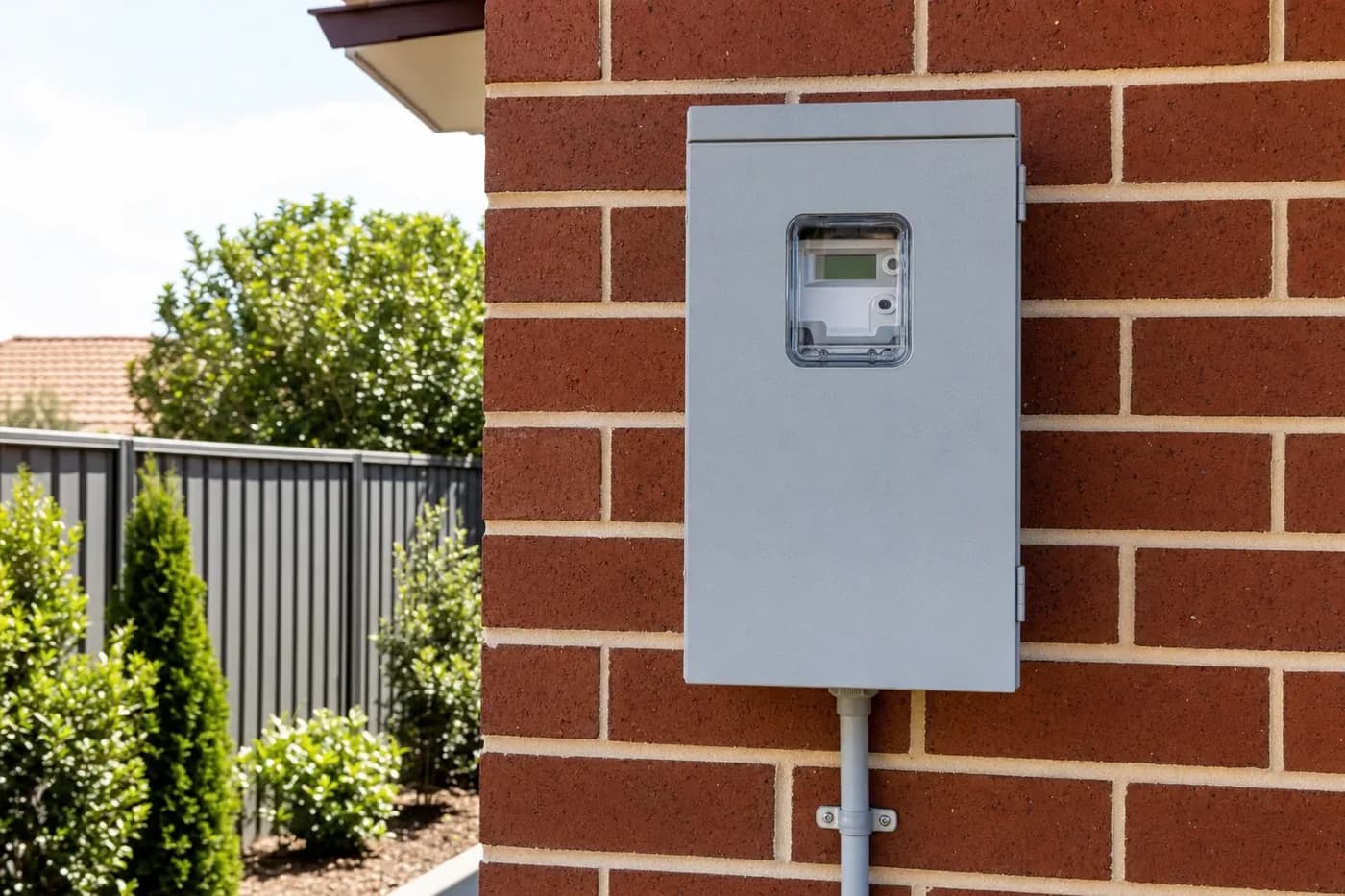 A closed grey meter enclosure on the brick wall of a suburban house, the electricity meter visible through the window in its door