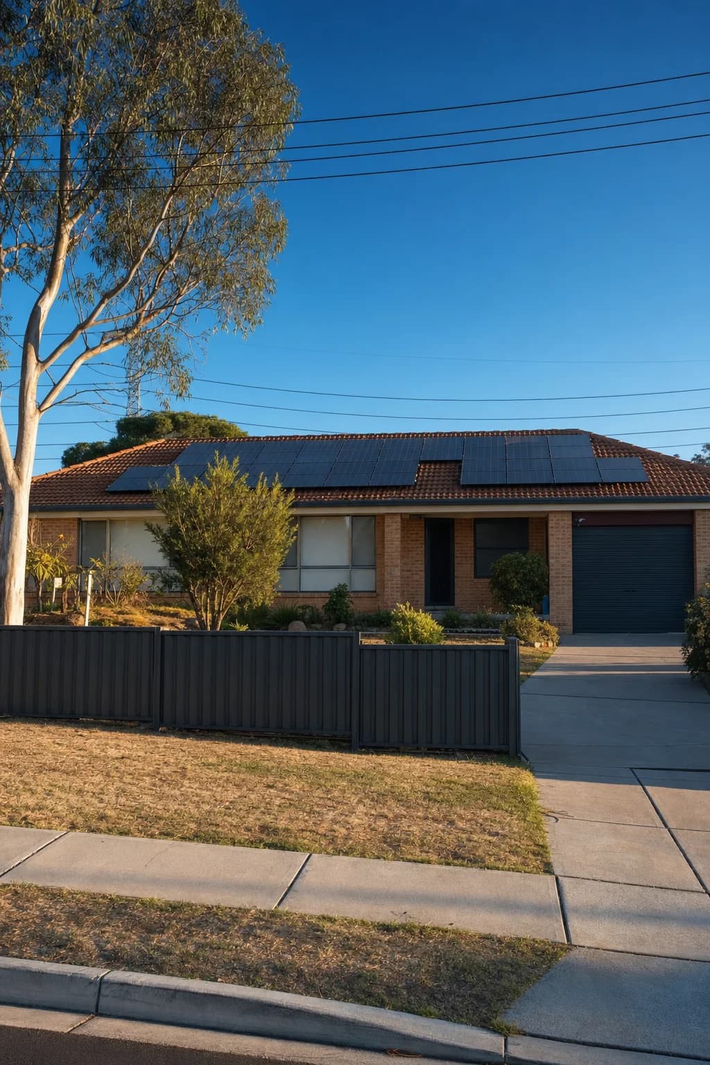 A single-storey Western Sydney brick and tile home with solar panels across its terracotta roof, seen from the footpath