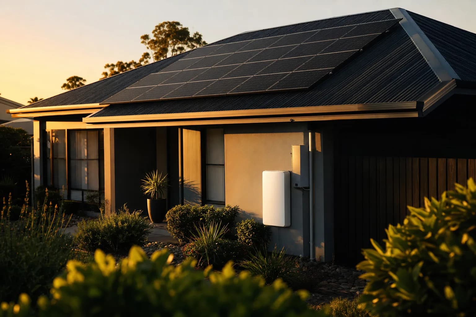 A suburban home at golden hour with a full array of solar panels on the roof and a home battery on the side wall